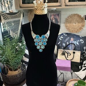 Statement Blue Crystal Bib Necklace - Unbranded